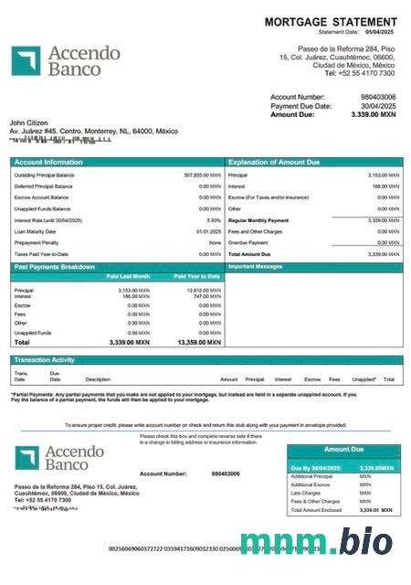 Meksyk Accendo Banco wyciąg z kredytu hipotecznego szablon Word i PDF